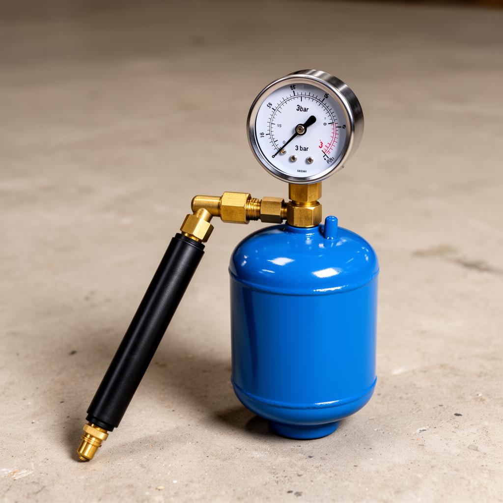 Blauw drukvatje met manometer op 3 bar, gekoppeld aan pompstok