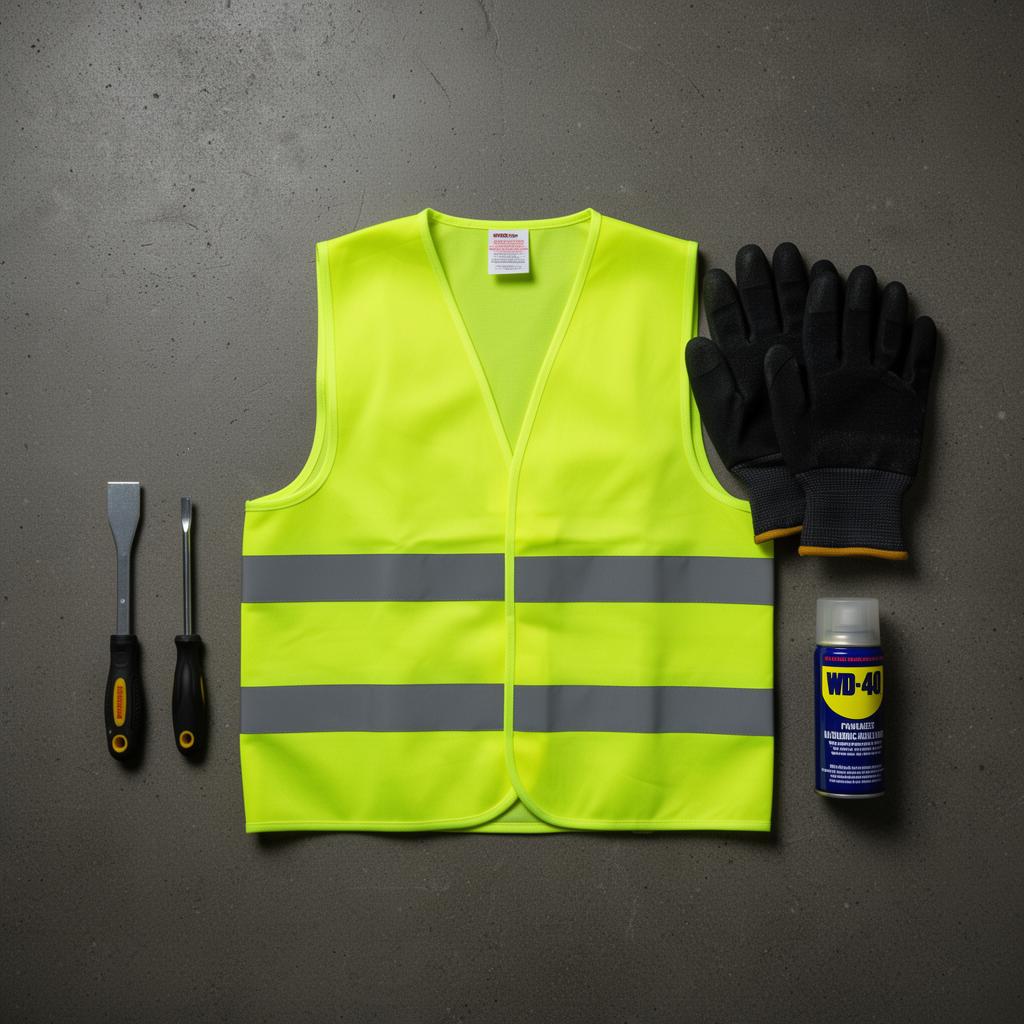 Fluo hesje, handschoenen, platte schroevendraaier, WD40 en sleutel klaar voor interventie