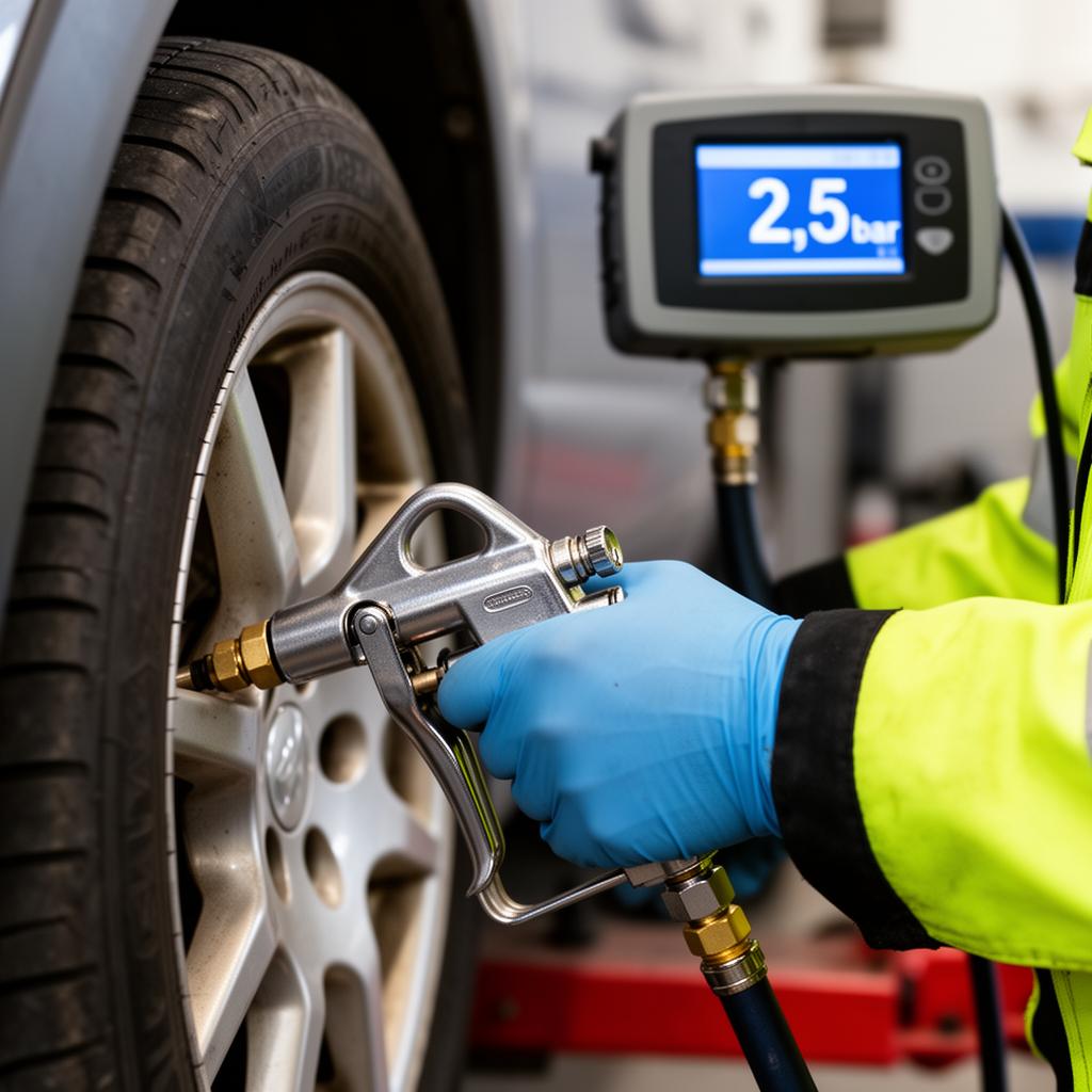 Technicus met fluo hesje plaatst pompstok op een bandventiel, display toont 2,5 bar