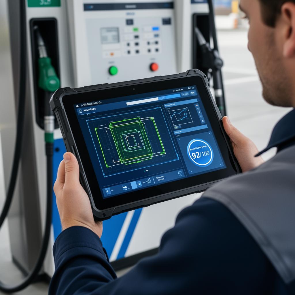 Technicus bekijkt AI-analyse op tablet met Asset Health Score 92/100