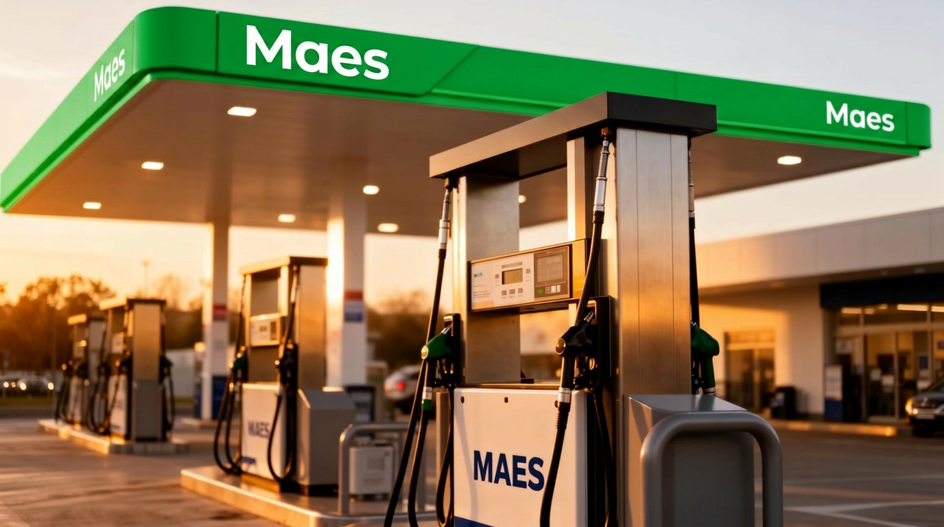 MAES-tankstation met brandstofpompen bij gouden uur