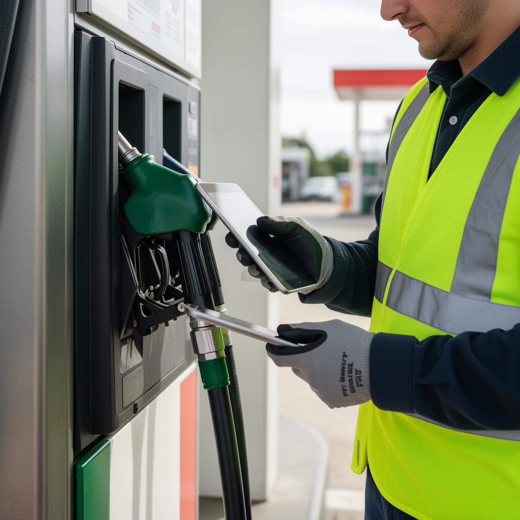 Technicus in fluo hesje inspecteert brandstofpomp met tablet